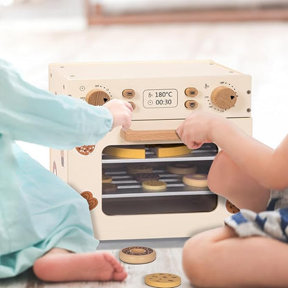 OOOK Wooden Kids Oven, Pretend Play Oven for Toddlers with DIY Stickers, Kitchen Play Set Accessories with Push-Pull Baking Tray. Ideal Choice for Boys and Girls Aged 3+