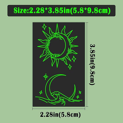 Luminous Temporary Tattoos for Adults, 60 Sheets Glow In The Dark Fake Tattoos for Face Hands, Lines Flowers Stars Moon Bohemian Design