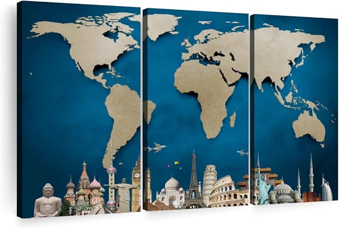 ElephantStock Ocean Blue World Map Multi Piece Canvas - 3 Panel Wall Decor - Map of the World Art - Canvas for the Office and Home - 38" X 24"