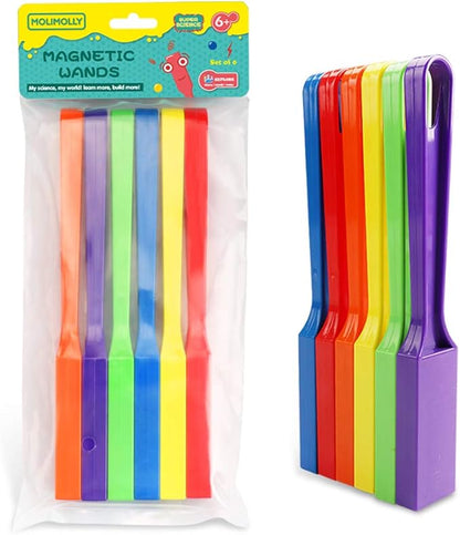 Pack of 6 Rainbow Magnetic Wand Set for Kids with Magnet Bar, Use for, Science Experiments, Bingo, Fridge, and Magnetic Concepts, Homeschool Supplies ，Age 6+