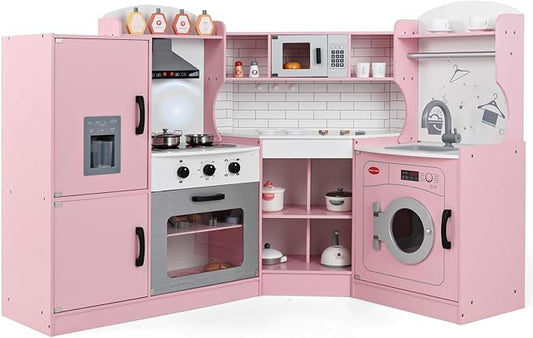 Costzon Corner Kids Kitchen Playset, Wooden Play Kitchen w/Sounds & Lights, Washing Machine, Range Hood, Ice Maker, Microwave, Oven, Sink, Pretend Toy Kitchen Set for Toddler, Gift for Boys Girls