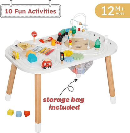 Baby Activity Cubes for Kids,Toddler Activity Cubes&Activity Center Table with Wooden Bead Mazes，Mini Toy Car,Gears&Blocks|Wooden Desk Play Table as Montessori Toy for 1 Year Old Boy Girl
