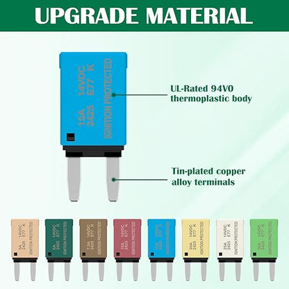 ATM Auto Assortment Kit Resettable Fuse 5A 6A 7.5A 10A 15A 20A 25A 30A Low Profile Mini Fuses Blade Kits Automotive Circuit Breaker Reset Fuses for Boat Marine RV Car Truck Campervan