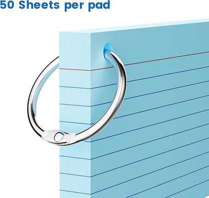 250 Count Index Cards 3x5 Inch with Key Ring, 180gsm Heavy Weight Colored Flash Cards 5 Color Assortment (50 Sheets Each), Note Taking for Students, Teachers, Study Note Cards for Office Home School