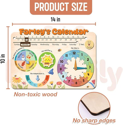 Interactive Calendar for Kids Ages 3+, Wooden Toddler Calendar, Teaching Seasons, Years, Months, Days of Week, Daily Activity Calendars for Kid Preschool & Homeschool (03 - Custom Name)