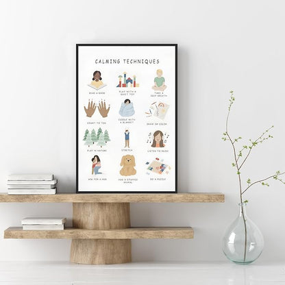 Feelings Calming Techniques Canvas Wall Art Calming Corner Classroom Mental health Posters Boho Emotions Chart for Kids Prints Special Education Wall Decor for Office School 16x24in BlackFramed