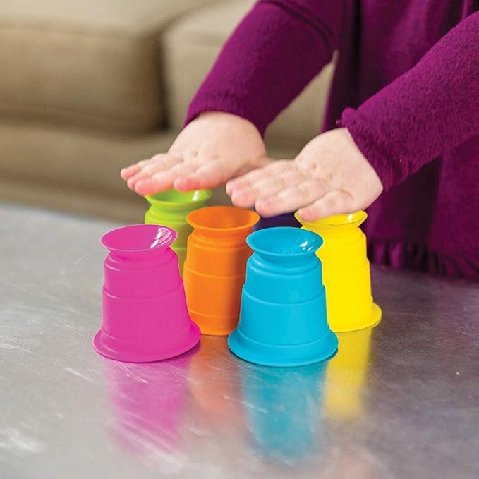 Fat Brain Toys Pipsquigz Whirly-Squigz Suction-Kupz Set - 12 Piece Early Learner Toys - 6 Suction Kupz Stacking Toys, 3 PipSquigz, 3 Whirly Squigz Spinners in Zippered Storage Case - BPA-Free Silicone