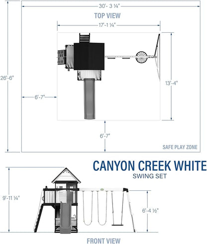 Backyard Discovery Canyon Creek White Cedar Wood Swing Set with Wave Slide, Clubhouse, Play Kitchen, Picnic Area, Belt Swings, Web Swing, Rock Wall, Balconies, Playhouse, Step Ladder, Outdoor Playset