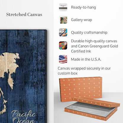 ElephantStock Aged Blue World Map II Canvas - 3 Panel Wall Decor - World Map Digital Art - Blue Wall Art - 45" X 28"