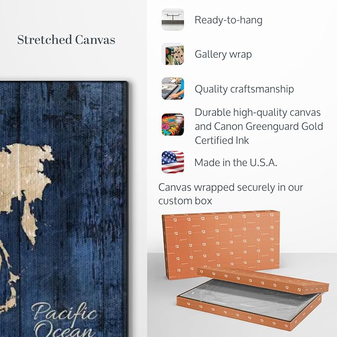 ElephantStock Aged Blue World Map II Canvas - 3 Panel Wall Decor - World Map Digital Art - Blue Wall Art - 65" X 42"