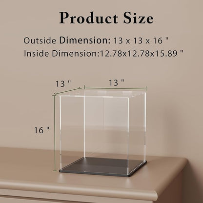 SVENJBB Large Display Case for Dolls, 13x13x16 Inch Acrylic Box for Trophy and Figures, Clear Acrylic Display Cases with Matte Black Base for Collection Protection and Storage