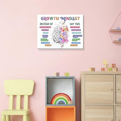 uoyien Classroom Growth Mindset Affirmations for Kids Mental Health Posters Brain Poster Psychology Special Education Calm Corner Wall Art Office Therapy Canvas Wall Decor Prints 16x24in Wood Framed