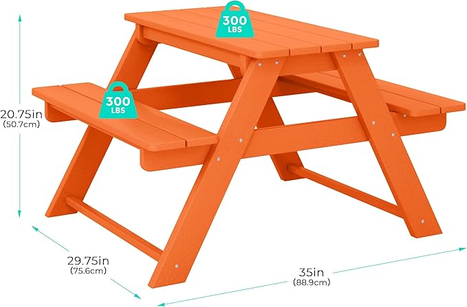 Costaelm Kids Picnic Table, HDPE All Weather Outdoor Toddler Picnic Table and Chair Set Kids Bench for Patio, Backyard, Garden, Lawn, Orange