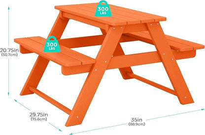 Costaelm Kids Picnic Table, HDPE All Weather Outdoor Toddler Picnic Table and Chair Set Kids Bench for Patio, Backyard, Garden, Lawn, Orange
