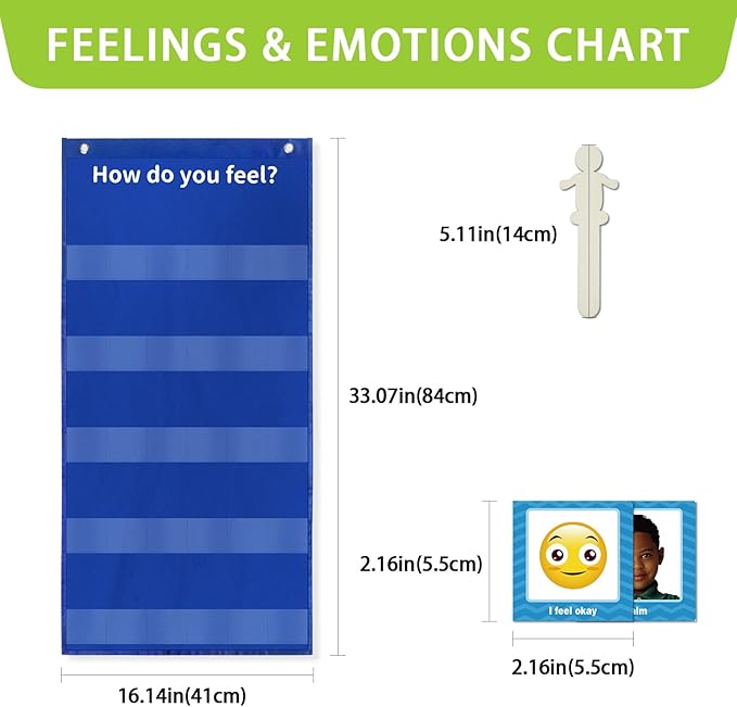Boczif Emotions Feelings Pocket Chart for Classroom Chart with 24 Cards for Preschool Teacher,Daycare Decor, Social Emotional Learning Activities, Calm Down Corner Supplies (Blue)