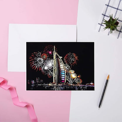 Scratch Art for Kids & Adult, Rainbow Engraving Painting Landscape Scratchboard(A4) Crafts Set: 8 Sheets 4 tools - Congress Building, Burj Al Arab, Eiffel Tower, Big Ben, Moscow(Fireworks / Building)