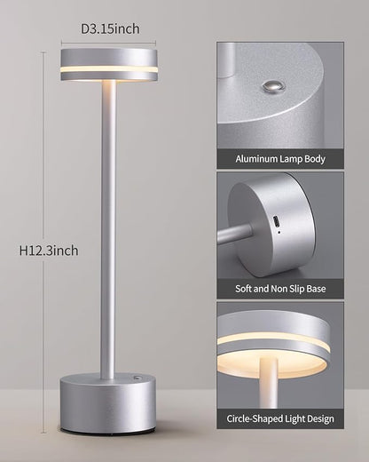 PUSU Portable Table Lamp Battery Powered LED Lamp Cordless Table Lights 3-Level Brightness Touch Control, for Home Office Bedroom Hotel Room Restaurant Outdoor(Silver)