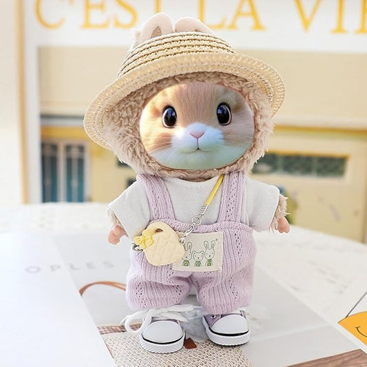 5 Pcs/Set 15-17cm Doll Clothes for Labb Rabbit Bunny, Lovely Girly Doll Clothing Straw Hat+Overalls+T-Shirt+Handbag+Canvas Shoes, Fashionable Outfit for Dress up, Doll Costume Fashion Dresses -Purple