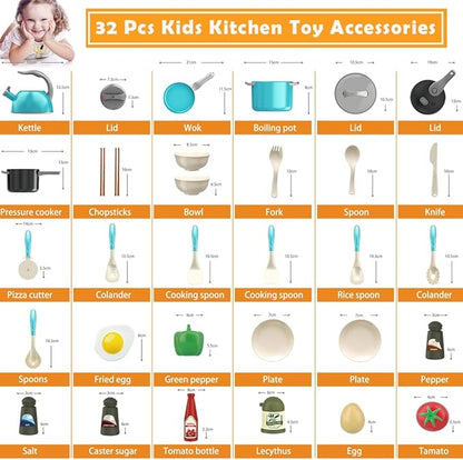 Bruvoalon 32Pcs Kids Play Kitchen Toys Set, Toddlers Pretend Cooking Playset Acccessories with Pots Pans, Utensils Cookware, Foods, Canned Veges, Learning Gift for Kids Girls Boys (Turquoise)