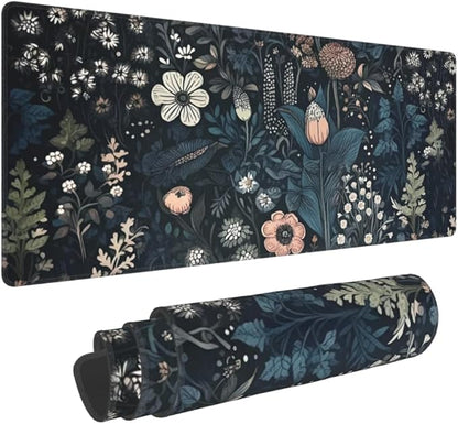 Dark Flower, Floral Plants Mouse Pad, Aesthetic Wildflowers Desk Pad, Gaming Mouse Pad, Non-Slip Rubber Base, Stitched Edges，31.5x11.8 inch Computer Mouse Mat Keyboard for Home Office