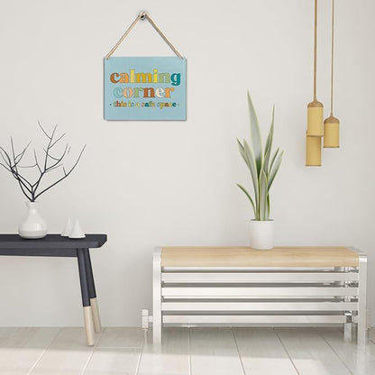 Calming Corner Hanging Wood Sign - Safe Space, Classroom Decor, School Counselor Office, Calm Down Corner Decorations, Boho Style (Blue), 10x8