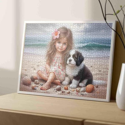 Tucocoo 1000 Piece Jigsaw Puzzle for Adults, Girl and Puppy on Seashell Beach – Ocean Artwork Puzzles, Floral Dress Coastal Art, Cute Dog Puzzle Gift for Women and Adults, Family Games Challenging
