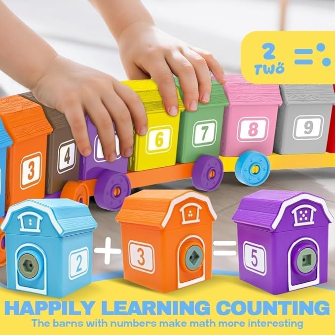 Farm Animals Train with 11 Finger Puppets, 10 Barns with Keys, Counting, Matching, Sorting Montessori Learning Toy for Toddlers 1 2 3 4 Years Old, Educational Birthday Gift for Boys Girls Kids, 36PCS