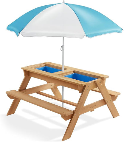 Casafield Children's Sand and Water Activity Table, 3-in-1 Wooden Outdoor Picnic Table with Umbrella, 2 Play Boxes and Removable Lid, Natural