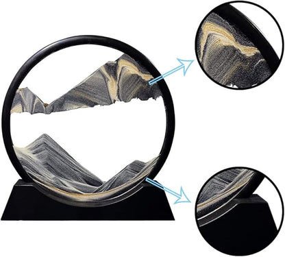 Aoderun Moving Sand Art Picture Round Glass 3D Deep Sea Sandscape in Motion Display Flowing Sand Frame Relaxing Desktop Home Office Work Decor (7", New Black)
