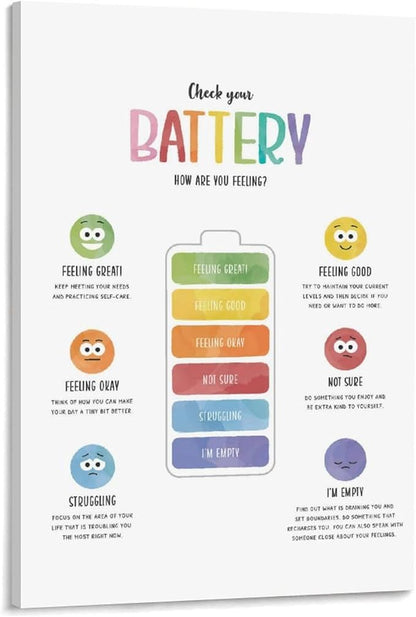 BFXLMKI Check Your Battery Poster, Zones of Regulation Print, Counsellor Office Decor, Calm Corner, Emotions Regulation, Kids Feelings Chart Frame-style 24x36inch(60x90cm)