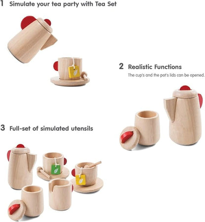 PlanToys® Wooden Tea Set for Kids | Montessori Pretend Play Kitchen Toy | Eco-Friendly Role Play Tea Party Set with Teapot, Cups, Saucers, Sugar Bowl, Milk Pitcher, Tea Bags & Spoons