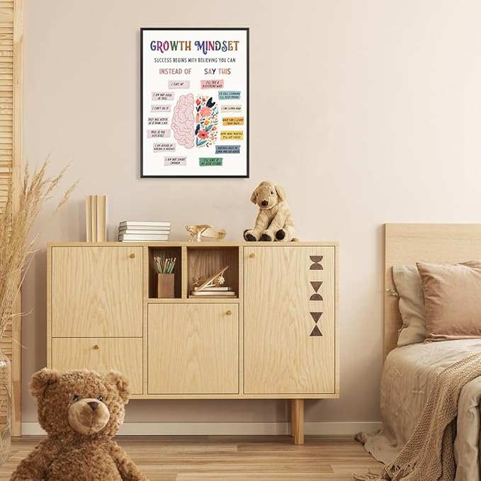 uoyien Growth Mindset Mental Health Posters Classroom Counseling Room Therapy Wall Decor Affirmations Quotes Canvas Wall Art Kids Special Educational Brain Neurodiversity Prints 12x16in Metal Framed