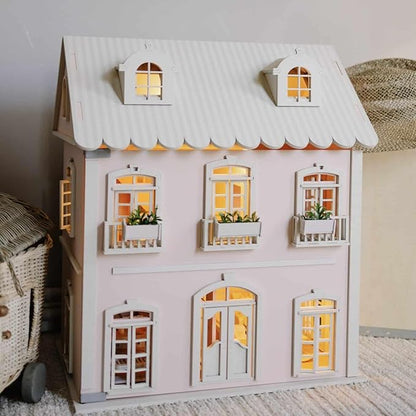 Wooden Dollhouse - 55+ Pieces Furniture and Accessories - Large 3-Story Wooden Doll House with Modern Decor