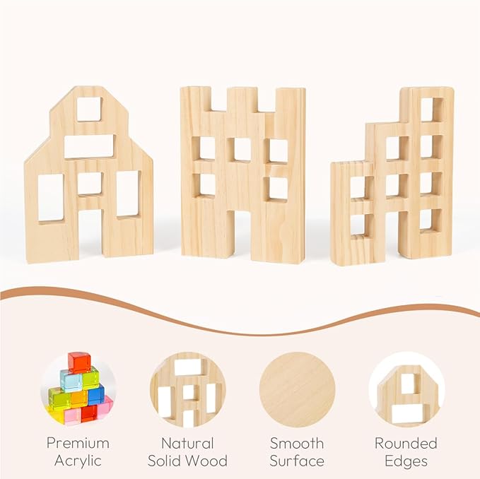 Woodtoe Wooden Building Blocks Set for Kids, 36 PCS Rainbow Acrylic Gem Cubes Blocks - 3 Wood House, Montessori Stacking Toy for Toddlers, Educational STEM Birthday Toys for Boys Girls 3-6