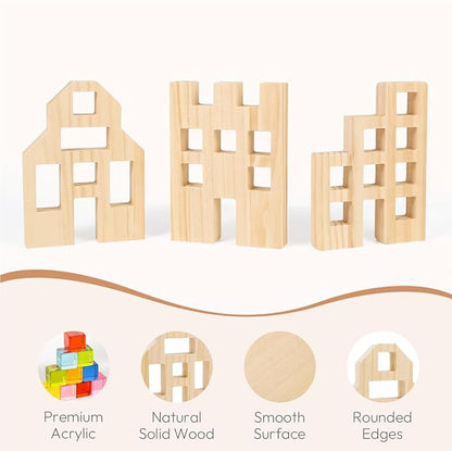 Woodtoe Wooden Building Blocks Set for Kids, 36 PCS Rainbow Acrylic Gem Cubes Blocks - 3 Wood House, Montessori Stacking Toy for Toddlers, Educational STEM Birthday Toys for Boys Girls 3-6