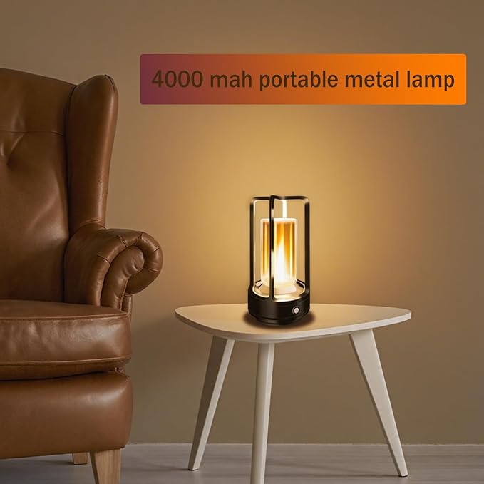 Portable Metal Table Lamp, 4000 mAh Rechargeable Outdoor Table Lamp, 3 Color Stepless Dimmable Cordless Lamp for Patio/ Camping/ Bar /Coffee Shop /Camping/ Indoor/Outdoor(Black)