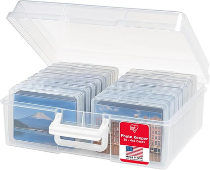 IRIS USA 4" x 6" Photo Storage Box Craft Keeper, Transparent Handle Container with 16 Organization Holder Cases for Pictures, Tasks, Scrapbooking, Stationery Storage, Clear