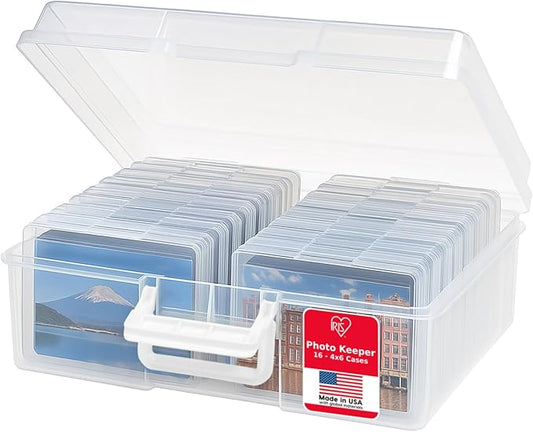 IRIS USA 4" x 6" Photo Storage Box Craft Keeper, Transparent Handle Container with 16 Organization Holder Cases for Pictures, Tasks, Scrapbooking, Stationery Storage, Clear