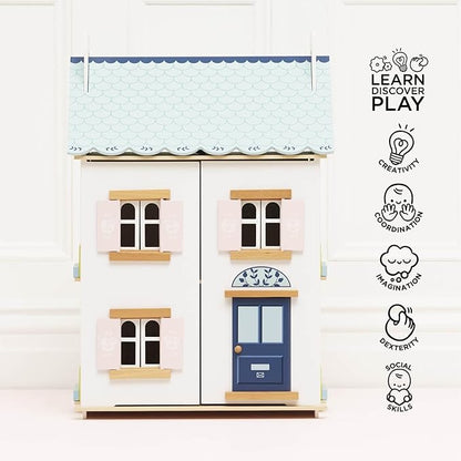 Le Toy Van – Blue Belle Wooden Doll House | Girls & Boys 3 Storey Wooden Dolls House Play Set - Suitable for Ages 3+