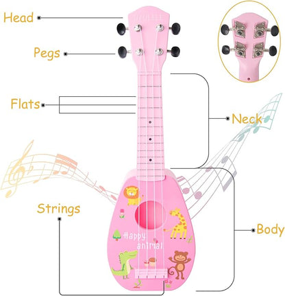 YOLOPARK 17" Kids Toy Guitar for Girls Boys, Mini Toddler Ukulele Guitar with 4 Strings Keep Tones Can Play for 3, 4, 5, 6, 7 Year Old Kids Musical Instruments Educational Toys for Beginner (Pink)