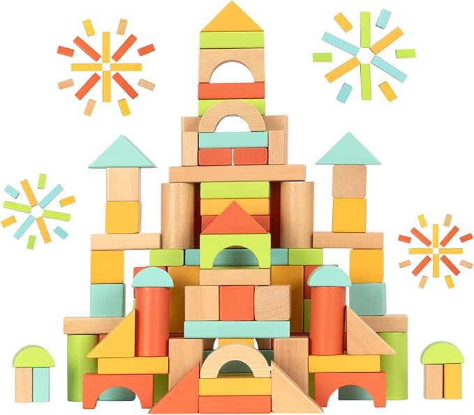 100pcs Wooden Blocks for Toddlers 1-3, Building Blocks for Toddlers 1-3, Wooden Block for Baby Shower with Storage Bucket, Montessori Toys for Preschool Girls and Boys