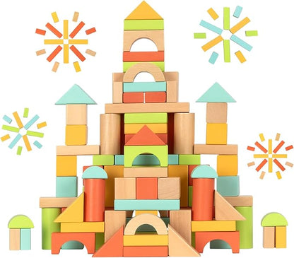 100pcs Wooden Blocks for Toddlers 1-3, Building Blocks for Toddlers 1-3, Wooden Block for Baby Shower with Storage Bucket, Montessori Toys for Preschool Girls and Boys