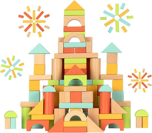 100pcs Wooden Blocks for Toddlers 1-3, Building Blocks for Toddlers 1-3, Wooden Block for Baby Shower with Storage Bucket, Montessori Toys for Preschool Girls and Boys