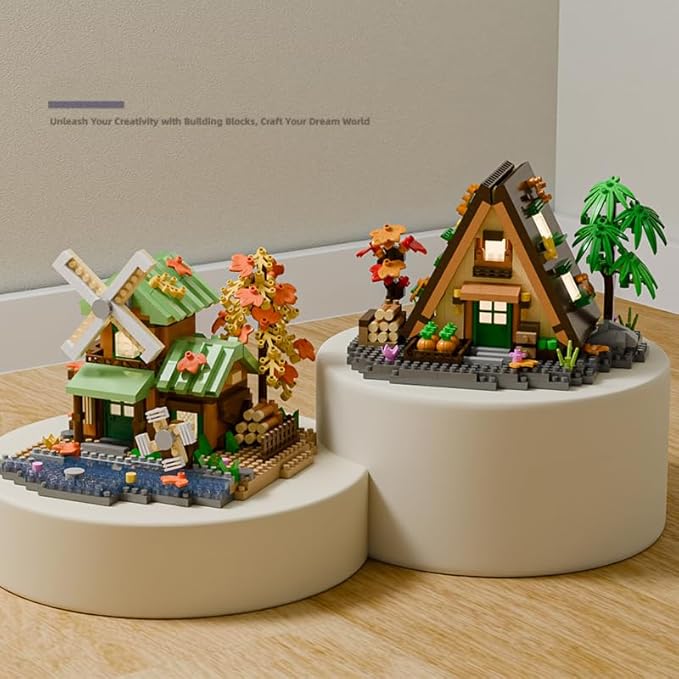 Windmill Mini Wood Cabin Micro Building Set with LED Light Wooden Forest House Block Toy with Tree Log Stem Houses Construction Model for Adults Teens Birthday Gift