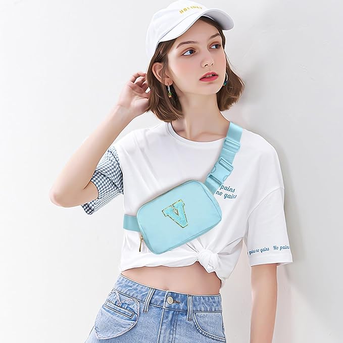 Gitus Gifts for 8 9 10 11 12 Year Old Girls Belt Bag Fanny Pack Crossbody Bags with Initial Letter Patch Cute Stuff Birthday Gifts for Teen Girls Women Personalized Trend Stuff (Icing Blue-V)