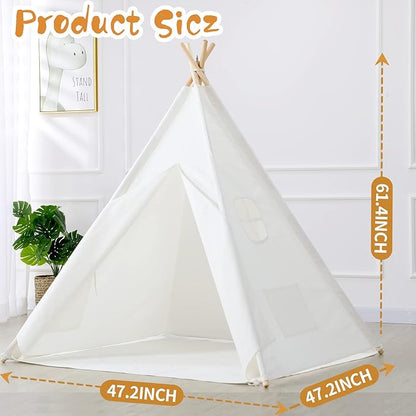 Sumbababy Kids Teepee Tent - Natural Canvas Playhouse with Fringe, Washable Fabric, Tipi Sleepover Tent, Includes Carry Bag, Lights & Colorful Flags - Perfect for Indoor & Outdoor Fun