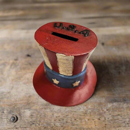 USA Hat Cast Iron Coin Bank with Painted Antique Finish (4.5" x 4.5" x 4")