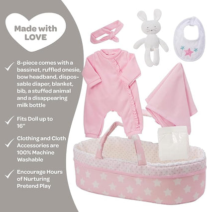 Adora Adoption Babies Essentials, 8-Piece Adoption Baby Doll Accessories and Bunny Toy includes Pink Bassinet, Ruffled Onesie, Headband, Blanket, and Bottle Birthday Gift For Ages 3+ - It's A Girl