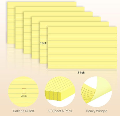 300 Count Index Cards 3 x 5 Inch Ruled Yellow Index Cards, Flash Cards College Ruled for School, College, Office and Home Organization, Durable Study To Do List Note Cards with Ruled Lines