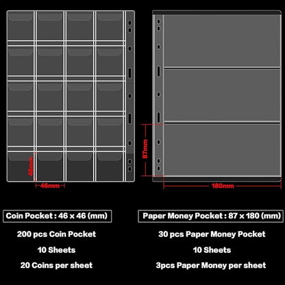 Coin Collection Book Holder for Collectors, 200 Pockets Coins Collecting Album & 30 Sleeves Paper Money Display Storage Case for Currency Collection Supplies (200+30 paper money binder)-Grey